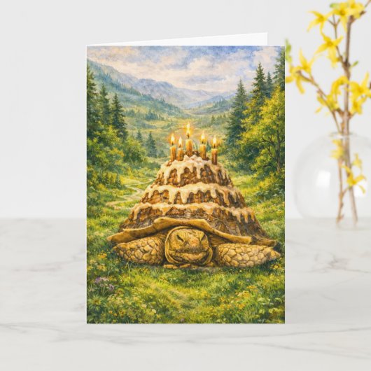 森のバースデーケーキスルカタリクガメの水彩画 カード (黄色い花)