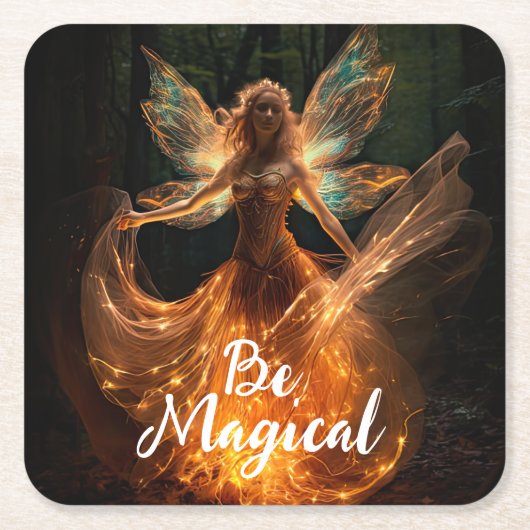 森のピクシーで翼を持つ魔法の妖精の天使 スクエアペーパーコースター (正面)