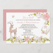 森のピンクの少女が鹿の赤ちゃんシャワーを郵送で浴びる 招待状 (正面/裏面)