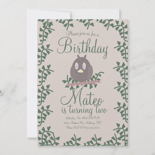 森のフクロウのグリーン 誕生日パーティー ナチュラル 招待状 (正面)
