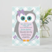 森のフクロウの赤ちゃんシャワー　女の子　紫とミント 招待状 (スタンド正面)