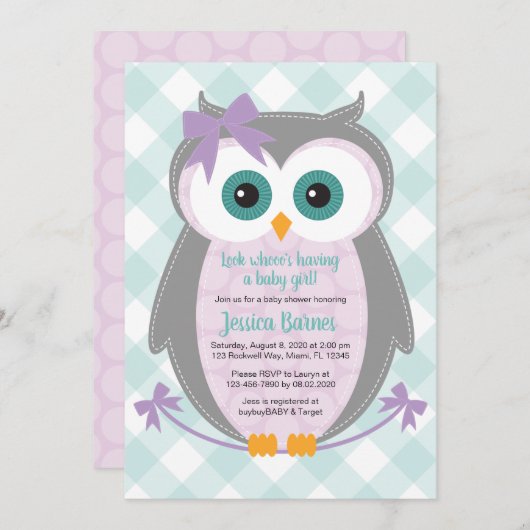 森のフクロウの赤ちゃんシャワー　女の子　紫とミント 招待状 (正面/裏面)