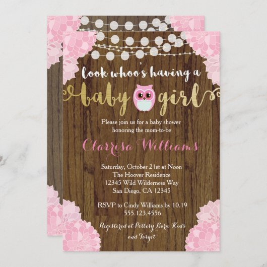 森のフクロウの赤ちゃん女の子のシャワー招待状 招待状 (正面/裏面)