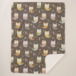 森のフクロウ柄、子供用ブラウン シェルパブランケット