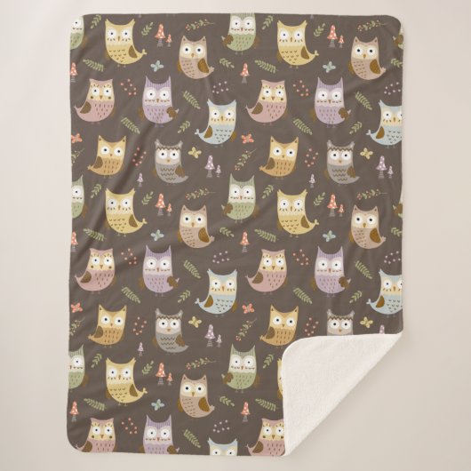森のフクロウ柄、子供用ブラウン シェルパブランケット (正面)