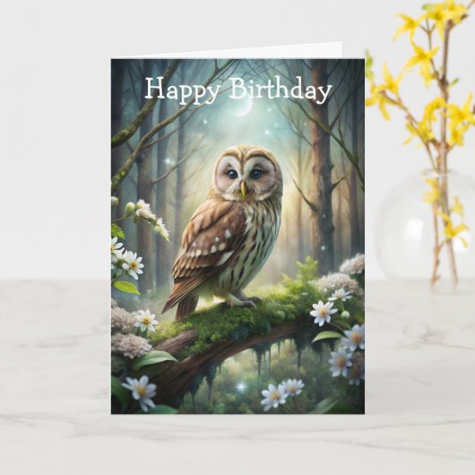 森のフクロウ誕生日カード カード (黄色い花)
