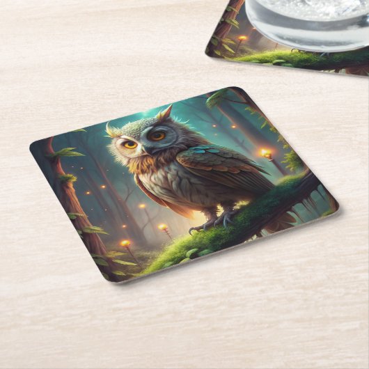 森のフクロウ スクエアペーパーコースター (アングル)