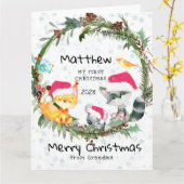 森のベイビーのファーストクリスマスカード おばあちゃんから カード (黄色い花)