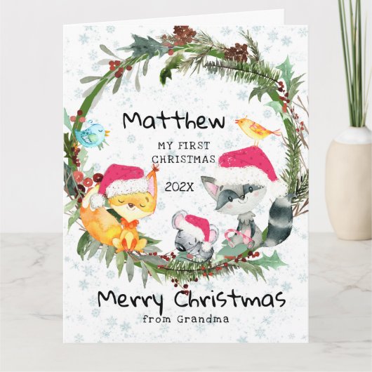 森のベイビーの初めてのクリスマスカード おばあちゃんから カード (正面)
