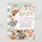 森のベビーシャワー招待状 女の子、クマ きつね 招待状 (正面/裏面)