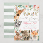 森のベビーシャワー招待状 女の子、クマ、狐 招待状 (正面/裏面)