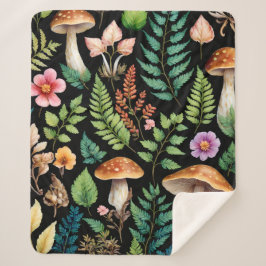森のマッシュルームのシダ模様の黒い背景 シェルパブランケット
