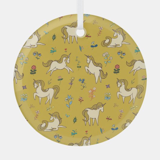 森のユニコーン:ヴィンテージの花のパターン ガラスオーナメント (正面)