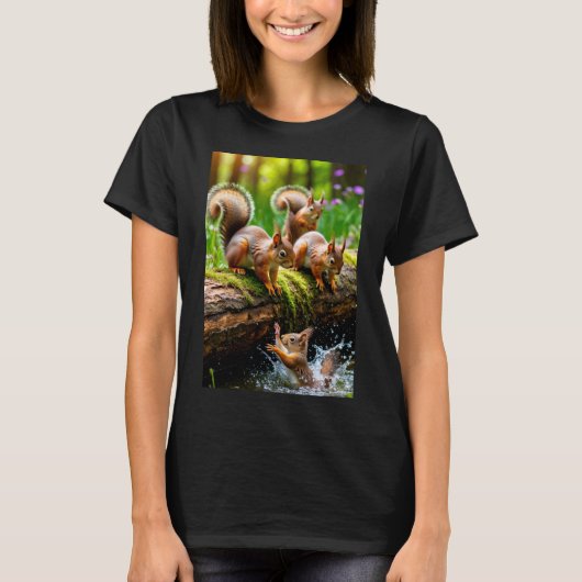 森のリスたちの遊び心あふれる女性用Tシャツ Tシャツ (正面)