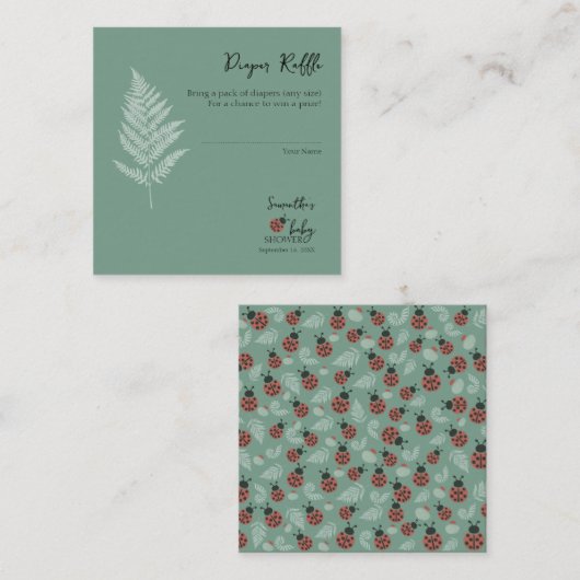 森のレディバグズグリーンベビーシャワーオムツラッフル エンクロージャーカード (正面/裏面)