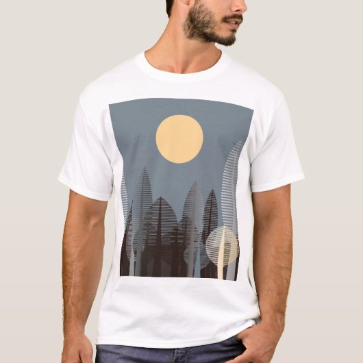 森の上ストライプのの月、シルバー。 Tシャツ (正面)