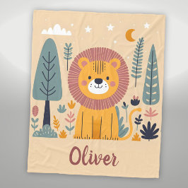 森の中でかわいい微笑みライオン フリースブランケット