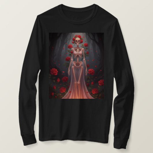 森の中でウェディングドレスを着た骨の女の子。 Tシャツ (デザイン正面)