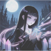 森の中でクリスタルを投げるかわいい魔女 シール (正面)