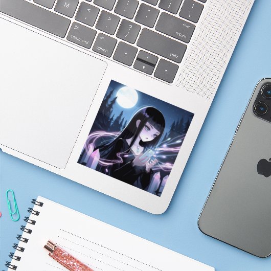 森の中でクリスタルを投げるかわいい魔女 シール (ノートパソコンとiPhone)