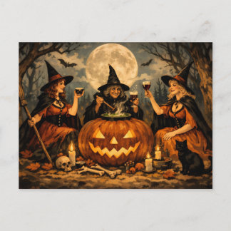 森の中でハロウィンを祝う魔女たち ポストカード