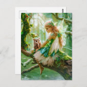 森の中でフクロウに魅了される妖精 ポストカード (正面/裏面)