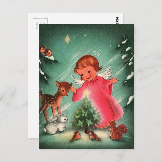 森の中で動物と共にエンジェル ポストカード (正面/裏面)