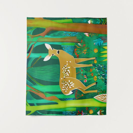 森の中で子鹿が見つかったファンタジー タペストリー (正面)