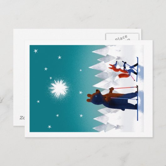 森の中で星の下を滑るキュートなクマとキツネ ポストカード (正面/裏面)