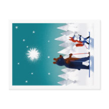 森の中で星の下を滑るキュートなクマとキツネ