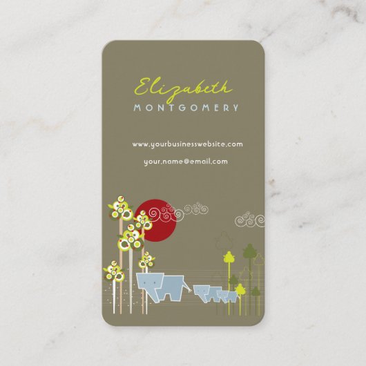 森の中で様式化されたゾウの家族と赤い太陽 名刺 (正面)