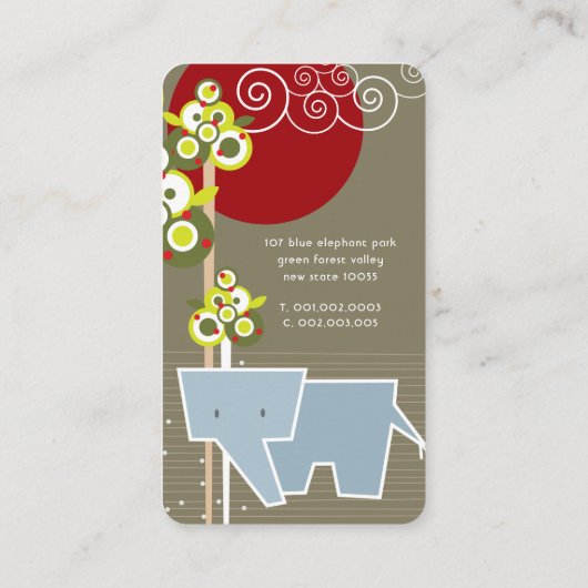 森の中で様式化されたゾウの家族と赤い太陽 名刺 (裏面)