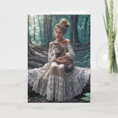 森の中で猫を飼っている若い女性 カード (正面)