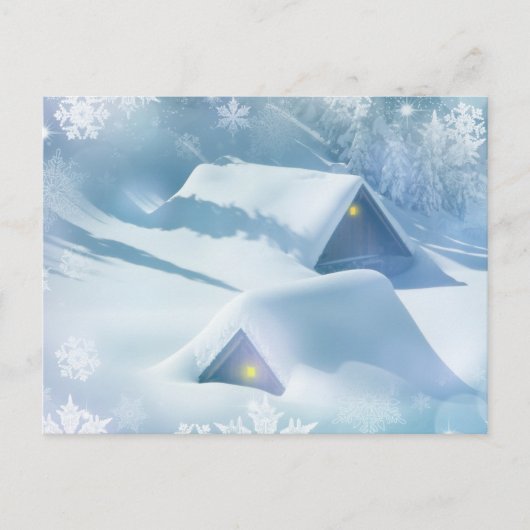 森の中で雪が屋根を乗り越えた ポストカード (正面)