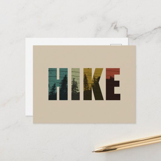 森の中に松の木のハイキングヴィンテージ シーズンポストカード (正面/裏面インサイチュ)