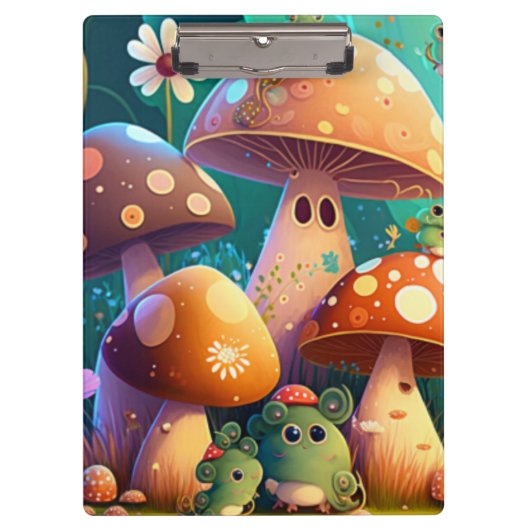 森の中のかわいいキノコスパイラルノート クリップボード (正面)