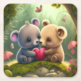 森の中のかわいいキノコ スクエアペーパーコースター