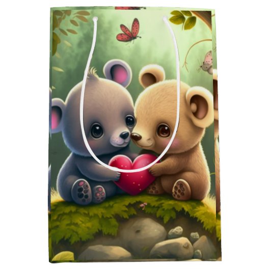 森の中のかわいいキノコ ミディアムペーパーバッグ (正面)