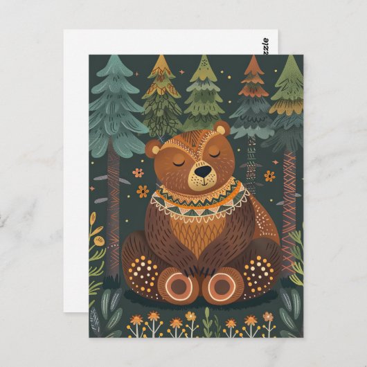 森の中のかわいい禅熊ワイルドライフアニマル自然アート ポストカード (正面/裏面)