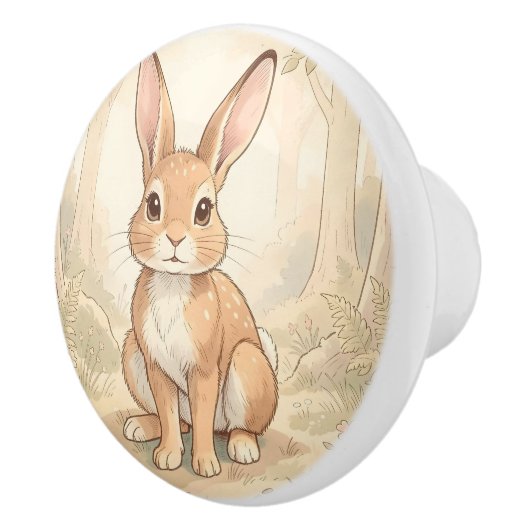 森の中のかわいい茶色のウサギ セラミックノブ (右)
