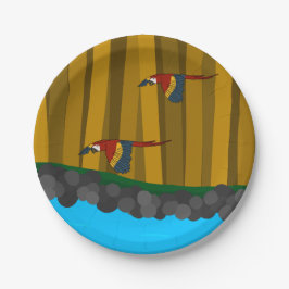 森の中のエキゾチックな緋色のオウム ペーパープレート