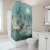 森の中のエルク満月の降雪水色 シャワーカーテン (インサイチュ)
