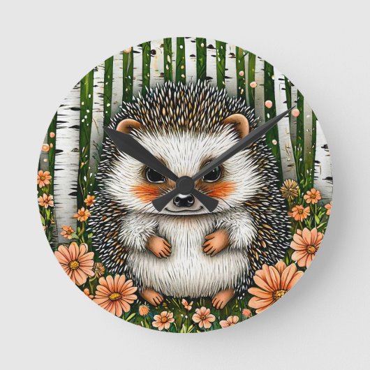 森の中のカラフルかわいいハリネズミ ラウンド壁時計 (正面)