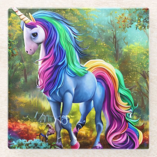 森の中のカラフルユニコーン-46567 ガラスコースター (正面)