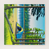 森の中のキャンプをテーマにしたテント ジグソーパズル (横)