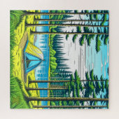 森の中のキャンプをテーマにしたテント ジグソーパズル (横)