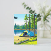 森の中のキャンプをテーマにしたテント ポストカード (スタンド正面)