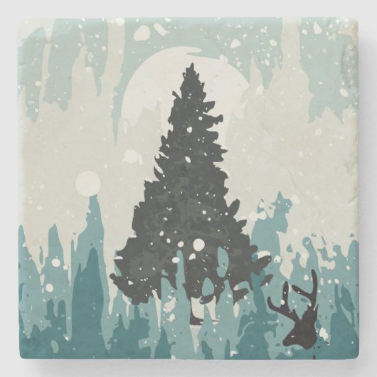 森の中のシルエットトナカイ ストーンコースター (正面)