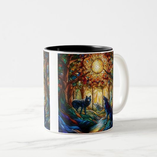 森の中のステンドグラス・オオカミ ツートーンマグカップ (正面右)