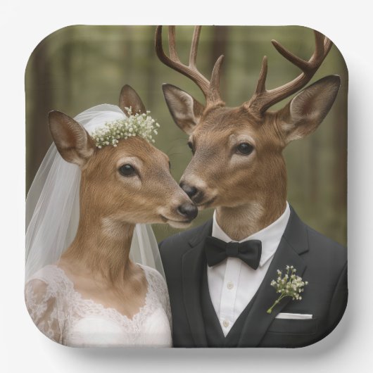 森の中のバックスとドウの鹿の結婚式 ペーパープレート (正面)